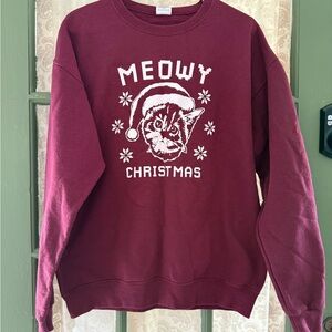 Jerzees Maroon Meow Christmas Cat Holiday Sweatshirt Crewneck Large
